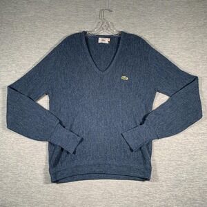 Vintage IZOD Lacoste Sweater‎ Mens Medium Blue V Neck Knit Pullover Logo 80s